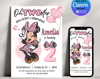 Minnie Mouse Oh Twodles Invitation: Pink 2nd Birthday (Digital Download)