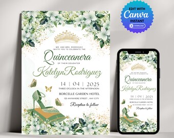 Sage Green Floral Quinceanera Invitation: Butterfly Princess Sweet 16 (Digital Download)