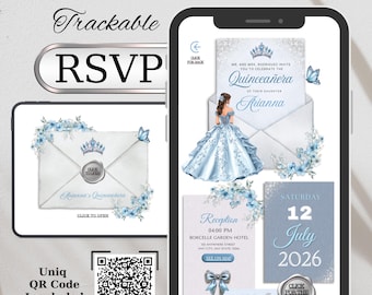 May include: Digital Quinceañera invitation displayed on a smartphone and tablet. The design features a light blue color scheme with floral accents, a QR code, and the text "RSVP". The invitation includes details for the reception and the date, July 12, 2026.