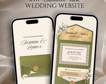 Sage Green & Gold Floral Wedding Website Invitation with RSVP: Editable Canva Template