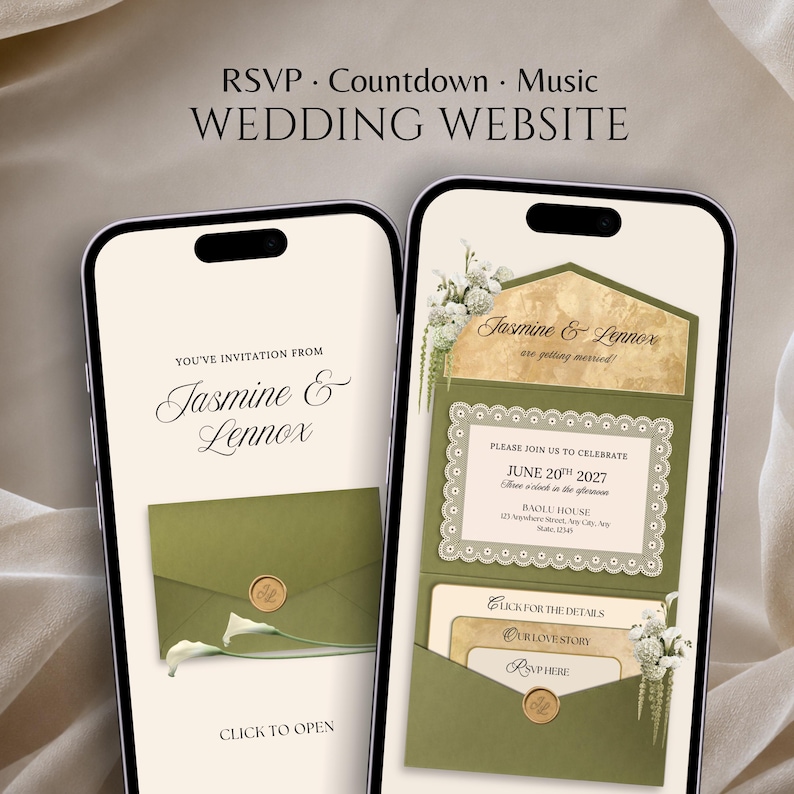 Hochzeitseinladung mit Blumenmuster in Salbeigrün und Gold mit RSVP-Funktion: Bearbeitbare Canva-Vorlage Bild 1