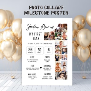 Póster con collage de fotos del primer cumpleaños, tablero de mi primer año con collage del número 1, cartel con collage de fotos del primer cumpleaños del bebé