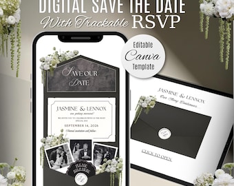 Black & White Floral Wedding Save The Date Website with RSVP: Editable Canva Template
