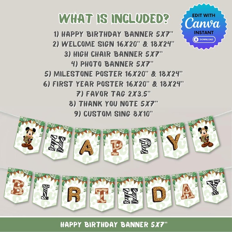 May include: A printable set of jungle-themed birthday party decorations featuring a Mickey Mouse character. The set includes a banner, welcome sign, high chair banner, photo banner, milestone poster, first year poster, favor tag, thank you note, and a custom sign. The decorations are in green, brown, black, and white.
