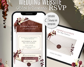 Burgundy & White Floral Wedding Website Invitation with RSVP: Editable Canva Template