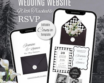 Black & White Wedding Website Invitation Template with Trackable RSVP (Digital Download)