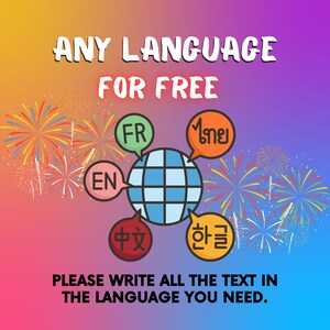 Pu&ograve; includere: Una grafica colorata con il testo "ANY LANGUAGE FOR FREE" e "PLEASE WRITE ALL THE TEXT IN THE LANGUAGE YOU NEED." Un globo &egrave; circondato da fumetti con abbreviazioni linguistiche. Fuochi d'artificio sullo sfondo.