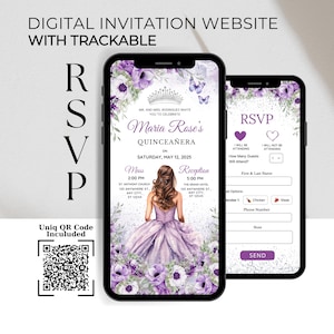 Quinceanera Website Invitation Template & Online RSVP, Lavender Princess Quince Invitation, Lilac Floral Sweet 16 Invitation with QR Code