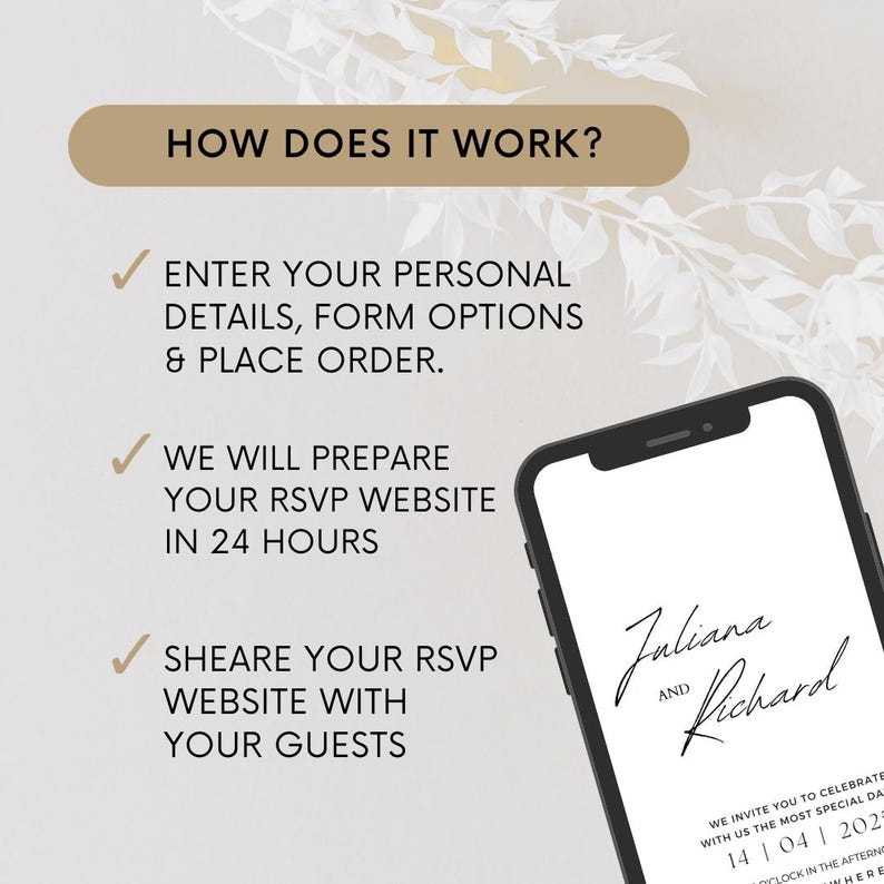 Puede incluir: La pantalla de un tel&eacute;fono inteligente que muestra una invitaci&oacute;n de boda para Juliana y Richard. La invitaci&oacute;n incluye la fecha "14 | 04 | 2021" y el texto "Les invitamos a celebrar con nosotros este d&iacute;a tan especial".