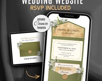 May include: Digital wedding invitation template displayed on a tablet and smartphone. The design features a green and gold color scheme with floral accents. Text includes "Wedding Website RSVP Included", "Jasmine & Lennox", and event details. The template is editable in Canva.