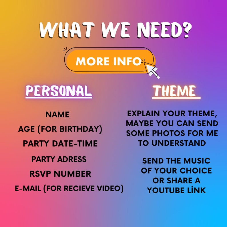 Pu&ograve; includere: Uno sfondo sfumato colorato con il testo "WHAT WE NEED?" in bianco. L'immagine &egrave; divisa in due sezioni: "PERSONAL" e "THEME", con un elenco di informazioni necessarie per un evento. Un pulsante arancione dice "MORE INFO".