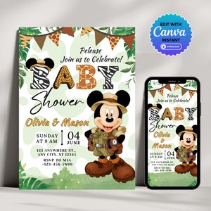 May include: A green and brown baby shower invitation with a cartoon Mickey Mouse dressed as an explorer. The invitation says "Please join us to celebrate! Baby Shower Olivia & Mason Sunday at 9 AM June 04 123 Anywhere St., Any City, ST 12345 RSVP to Mia +123-456-7890"