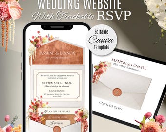 Orange & White Envelope Floral Wedding Website Invitation with RSVP: Editable Canva Template