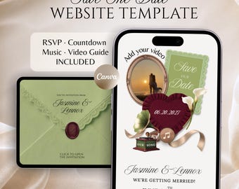 Green & Burgundy Save The Date Wedding Website Template with RSVP, Countdown, Music