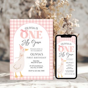 One Silly Goose Birthday Invitation Template, Adorable Goose Theme Invite for One-Year-Old Girl&#39;s First Birthday Party, Digital Download