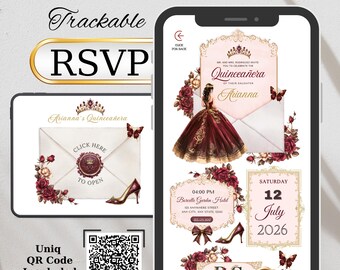 May include: Digital quinceañera invitation design displayed on a smartphone and tablet. The design features a burgundy gown, floral accents, and the text "RSVP". Includes a QR code and the words "Website Invitation".