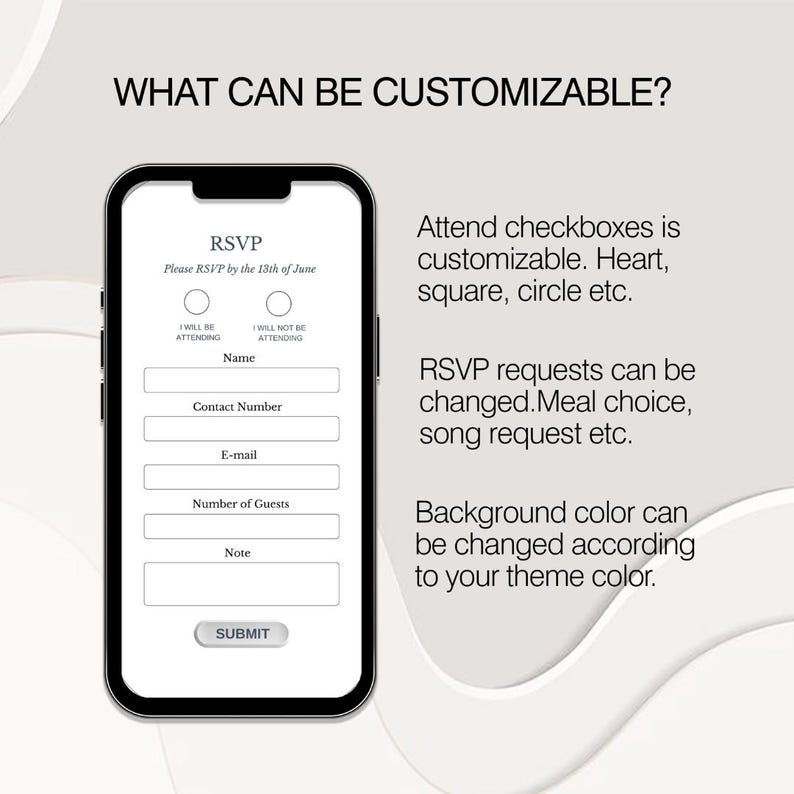 Puede incluir: Un formulario RSVP personalizable en la pantalla de un tel&eacute;fono m&oacute;vil. El formulario incluye campos para el nombre, el n&uacute;mero de contacto, el correo electr&oacute;nico, el n&uacute;mero de invitados y una nota. El formulario tambi&eacute;n incluye una casilla de verificaci&oacute;n para indicar si asistir&aacute; o no. El texto en la pantalla dice "Por favor, responda antes del 18 de junio".