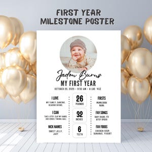 Erster Geburtstag Meilenstein Poster Vorlage, Mein Erstes Jahr Tafel mit Foto, Mondern Minimalist Baby 1