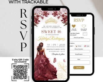 May include: A digital invitation for a Sweet 16 party with a burgundy and gold color scheme. The invitation features a woman in a burgundy gown with a crown and butterflies. The text on the invitation reads "Sweet 16 of their daughter Katelyn Rodriguez" and includes the date and time of the event. The invitation also includes a QR code for RSVP.