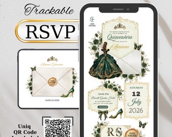Emerald Green & Gold Quinceanera Website Invitation with Trackable RSVP: Animated Envelope Design (Digital)