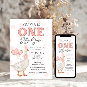 One Silly Goose Birthday Invitation Template, Adorable Goose Theme Invite for One-Year-Old Girl&#39;s First Birthday Party, Digital Download