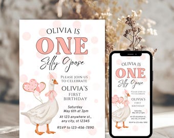 Pink Silly Goose First Birthday Invitation Template (Digital Download)