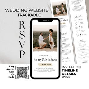 Op de afbeelding: Een huwelijksuitnodiging met een save the date voor Jenny & Micheal op 27 mei 2024 in het Borcelle Garden Hotel. De uitnodiging bevat een foto van het paar en een QR-code voor gemakkelijke toegang tot de trouwwebsite.