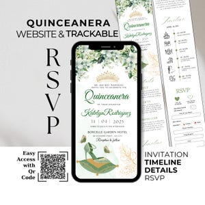 Quinceanera Website template & Online RSVP, Sage Green Princess Quince Invitation, Green gold Sweet 16 Invitation with timeline and Details