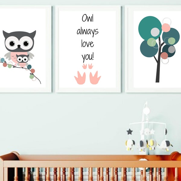 Owl family love nursery printable set,Mama baby owl tree branch,Owl always love you wall art,nursery decor, Digital download baby room art"