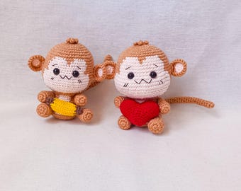 Crochet Monkeys Holding Heart & Banana: Amigurumi Couple Gift