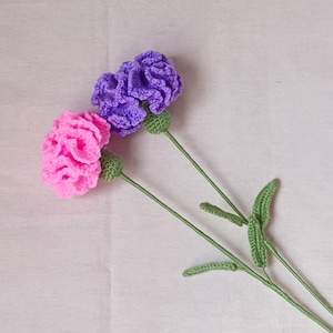Puede incluir: Dos flores de ganchillo, una rosa y otra morada, con tallos y hojas verdes. Las flores tienen un aspecto texturizado y con volantes. Los tallos son largos y delgados, y las hojas son de color verde oscuro. Las flores están hechas a mano.