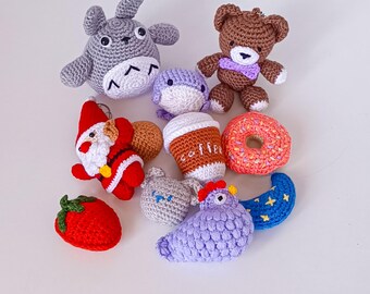 Crochet Amigurumi Keychain Set: Handmade Animal & Food Charms - 8-11 Piece Bundle