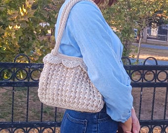Handmade Crochet Macrame Shoulder Bag: Boho T-Shirt Yarn Tote