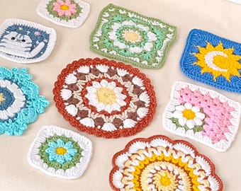 Crochet Granny Square Bundle Pattern | Floral, Cat & Sun Motifs | PDF Set