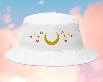 Magical Girl Kawaii Bucket Hat - Sailor Moon inspired hat, fashion accessory, crescent moon hat, embroidered bucket hat