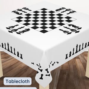 May include: White tablecloth featuring a black and white chessboard design with black chess pieces surrounding the board. The tablecloth is displayed on a wooden table. The text "Tablecloth", "FREE UK & USA Delivery" is printed on the tablecloth.