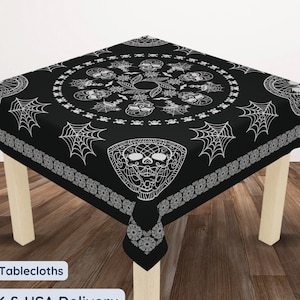 Whimsigoth decor gothic home decor Halloween tablecloth black witchy gift for new house present mandala skull lover dark academia decor home