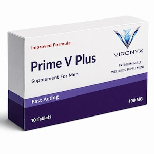 May include: A white box with the text "Prime V Plus" in large, dark blue letters. The box also includes the text "Supplement For Men", "Fast Acting", and "10 Tablets". The brand name "Vironyx" is displayed with the text "Premium Male Wellness Supplement".