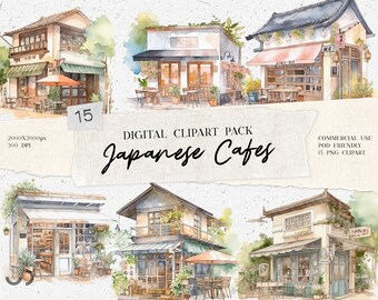 Japanese Coffee Shop Clipart, Cafe Clip Art, PNG Digital Watercolor for Scrapbooking & Journaling, POD Commercial Use Cafe illustration