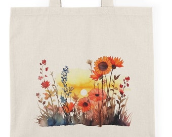 Wildflower Sunset Canvas Tote Bag | Watercolor Print Floral Bag | Cottagecore Aesthetic | Eco-friendly Accessory