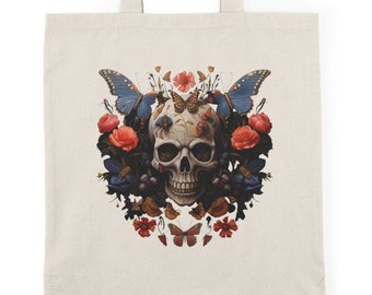 Skull Butterflies Goblincore Canvas Tote Bag | Fairycore Floral Design | Unique Cottagecore Canvas Carryall