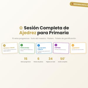 Op de afbeelding: Een digitale downloadafbeelding met de tekst "Sesión Completa de Ajedrez para Primaria" en "Descarga Digital Instantánea". De afbeelding bevat pictogrammen en tekstvakken met schaakgerelateerde instructies en nummers.