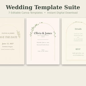 May include: A wedding template suite featuring seven editable Canva templates for digital download. The cream-colored cards display arched line art, green leaf accents, and black serif typography for Save the Date, invitation, and RSVP details.