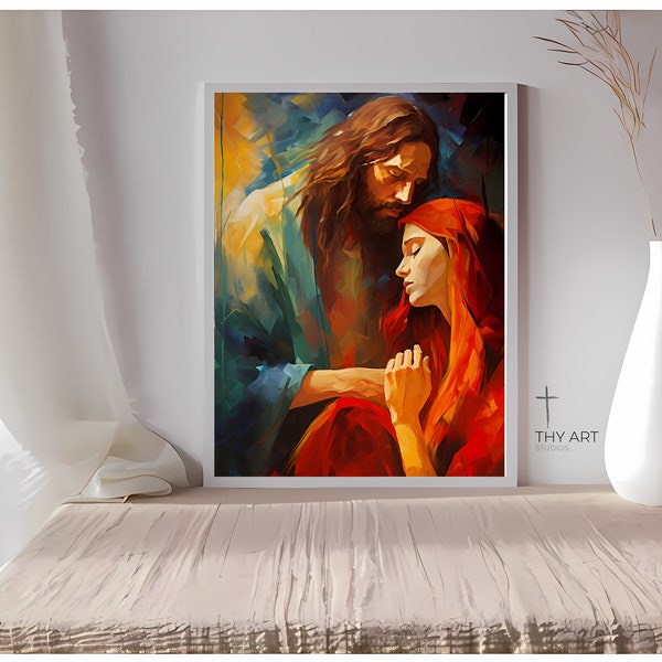 Mary and Jesus Painting, Expressionism Style, Mary Magdalene Meets Jesus, Sacred Hearts of Jesus and Mary, Jesus Married Mary Magdalene