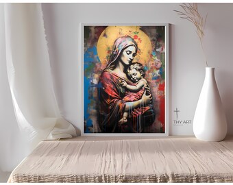 Impresión artística de grafiti de la Virgen con el Niño (descarga digital)