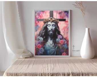 Christian Wall Art, Pastel Style, Christian Art Print, Jesus Christ Artwork, Face of Jesus Painting, Jesus Print, Christ on the Cross, Jesus