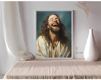 Jesus Laughing Art Print, Religious Christian Painting (Digital Download)