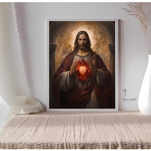 Jesus Sacred Heart Painting, Vintage Catholic Art, Christian Aesthetic Picture, Jesus Digital Art, Sacred Heart of Jesus Painting, Jesus Art
