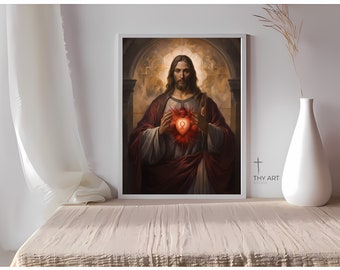 Jesus Sacred Heart Painting, Vintage Catholic Art, Christian Aesthetic Picture, Jesus Digital Art, Sacred Heart of Jesus Painting, Jesus Art