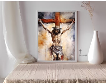 Jesus Christ Watercolor Art Print, Crucifixion Painting (Digital Download)